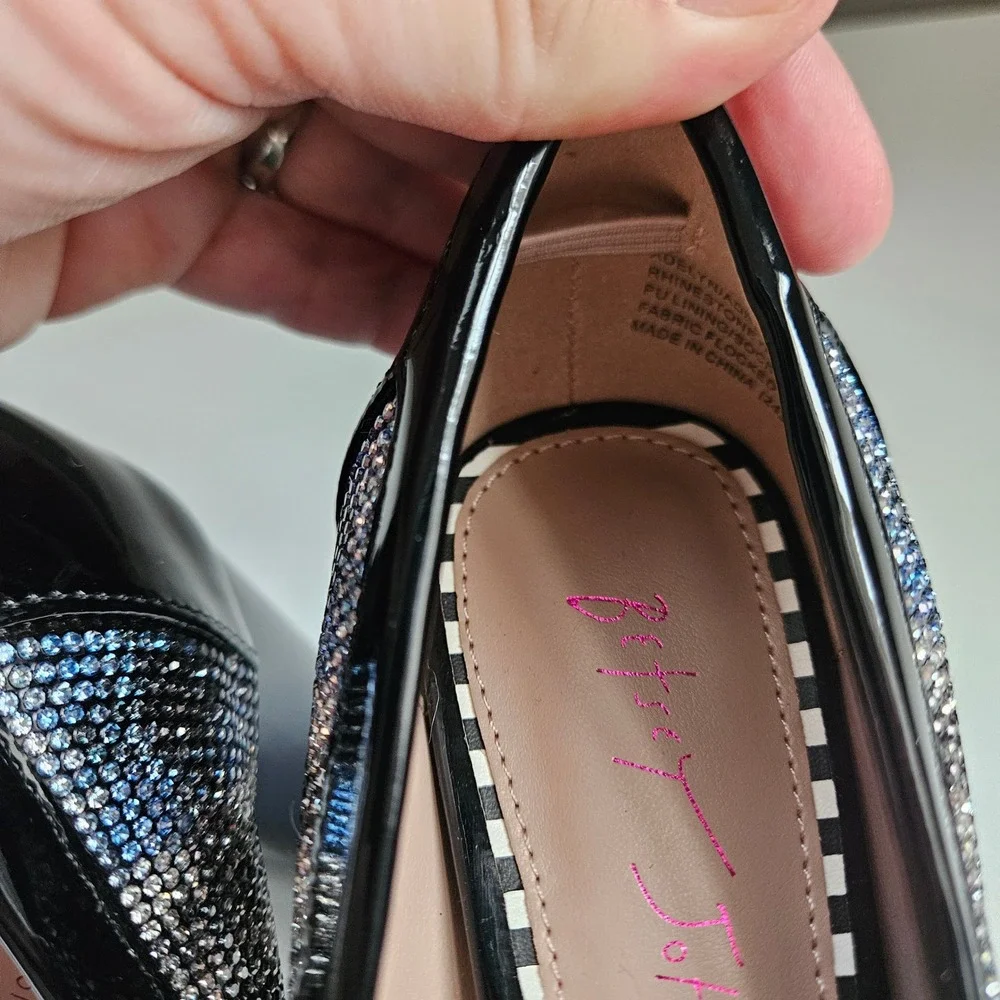 Rhinestone Heel Loafers Platform Block Plaid 6.5 Glam Sparkle Maximalist Party